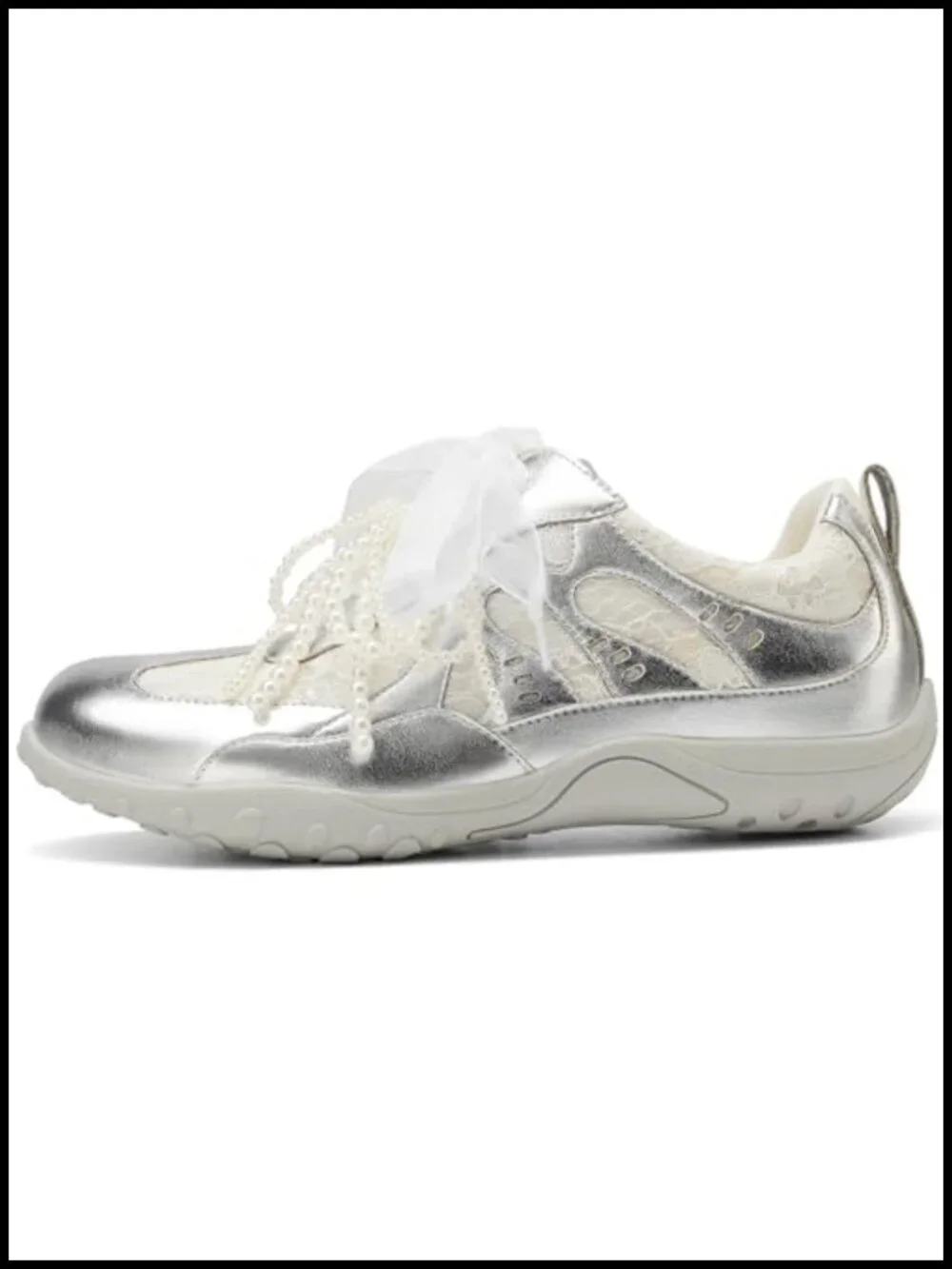 Lace Detail Pearl Sneakers Faux Leather Lace Up Casual Tennis Shoes